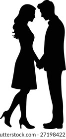 Esta Imagen presenta una silueta bellamente elaborada de una pareja de pie cerca mientras se toma de la mano que simboliza el amor, la intimidad y la conexión emocional Las figuras se retratan sin ningún detalle que enfatiza sus Formas y el afecto que comparten La figura femenina representada con cabello largo y una forma elegante se inclina ligeramente hacia la figura masculina que se encuentra con una postura sutil pero protectora Su lenguaje corporal transmite calor y cercanía creando un fuerte sentido de romance Esta representación es ideal para proyectos que se centran en las relaciones amor y unidad La falta de Elementos de fondo permite un uso versátil en varios contextos, lo que lo hace adecuado para temas de boda de San Valentín y otros contenidos relacionados con el amor La naturaleza limpia y simplista de la silueta mejora su calidad artística que ofrece una representación atemporal de los vínculos emocionales