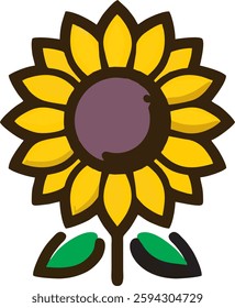 This image features a beautifully designed minimalist sunflower logo with clean lines and smooth curves. The sunflower has a bright yellow hue with a bold, circular brown center, surrounded 