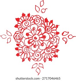 Esta Imagen presenta un diseño floral dibujado a mano y bellamente detallado en un llamativo color rojo, que muestra pétalos arremolinados.