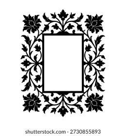 This image features a beautifully detailed black and white floral frame. The frame is adorned with elaborate patterns of leaves and flowers, creating a symmetrical and elegant design. The intricate detailing and the use of negative space highlight the craftsmanship and artistic complexity of the piece.