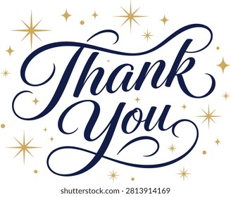 This image features a beautifully handlettered 'Thank You' message in elegant calligraphy, accented with golden sparkles and stars against a clean white background. It is ideal for use in greeting cards.