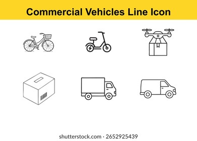 This image features bicycle, bike, scooter, electric scooter, drone, delivery drone, package, box. Commercial Vehicles Line Icon Set Featuring a Bicycle Scooter Drone Box Truck and Van