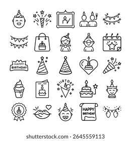 This image features birthday, party, celebration, icons, outline, vector, graphic, design. Collection of Birthday Party Celebration Icons in Black Outline Style
