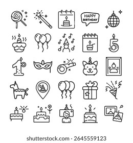 Esta imagem apresenta aniversário, festa, celebração, ícones, linha, estilo, pirulito, varinha mágica. Coleção de Ícones de Festa de Aniversário em Estilo de Linha para Celebração