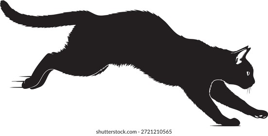 Dieses Bild zeigt eine schwarze Katze, die ihren Rücken wölbt und ihre Klauen ausstreckt, um Beute zu fangen. Dieses Tier dehnt sich lang und graziös auf transparentem Hintergrund aus.