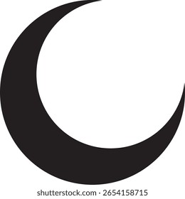 Esta imagem apresenta um símbolo de lua crescente preta em um plano de fundo branco. O crescente é grosso, negrito e curvado com uma silhueta suave, apontando para a direita.