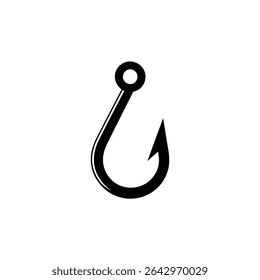 This image features a black fishing hook isolated against a white background, ideal for depicting fishing equipment, hobbies, or sport-related themes precisely.