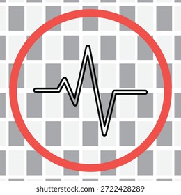 This image features a black heartbeat signal enclosed inside a vibrant red circle, set against a gray and white grid background. It represents vital signs and health monitoring. high-quality professional
