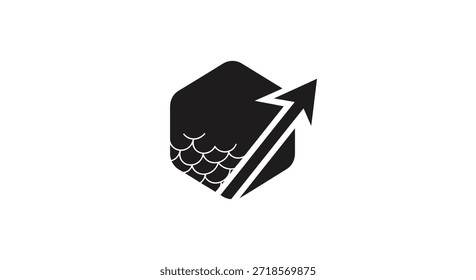This image features a black hexagon with an upward-pointing arrow, symbolizing growth, success, and progress. The unique scale-like texture on one side adds a creative and memorable element. It