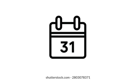 This image features a black line silhouette of a calendar displaying the thirty-first day. It is a flat, vector graphic