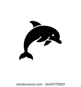 Esta imagem apresenta uma silhueta preta minimalista de um golfinho brincando pulando para cima contra um fundo branco e nítido. A forma do golfinho é claramente definida.
