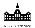 This image features a black silhouette of a grand building, characterized by a prominent central tower topped with a flag. The structure has a symmetrical facade with multiple windows and architectural details suggesting a historical or civic institution like a courthouse or town hall. The silhouette style emphasizes its form and architectural features against a white background.