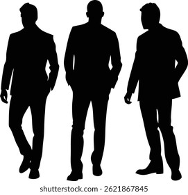 This image features a black silhouette of three Caucasian men walking confidently. The men wear business suits and are portrayed against a white backdrop.
