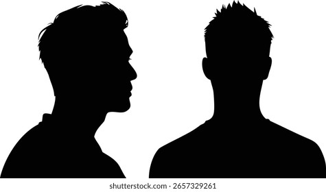 Esta imagem apresenta uma silhueta preta do perfil e das costas de um homem, ambos renderizados em formato vetorial contra um fundo branco limpo para diversas aplicações criativas.
