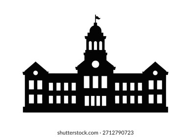 Dieses Bild zeigt eine schwarze Silhouette eines großen Gebäudes, gekennzeichnet durch einen markanten zentralen Turm mit einer Flagge. Die Struktur hat eine symmetrische Fassade mit mehreren Fenstern und architektonischen Details, die auf eine historische oder bürgerliche Institution wie ein Gerichtsgebäude oder Rathaus hindeuten. Der Silhouettenstil betont seine Form und architektonische Merkmale auf weißem Hintergrund.