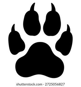 Esta Imagen presenta una silueta negra de una pata de perro impresa sobre un fondo blanco. La huella de la pata se detalla con cuatro dedos distintos y una Grande almohadilla central, capturando la esencia de una huella canina.