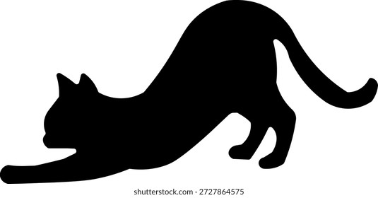 Esta Imagen presenta una silueta negra de un gato que se estira, aislada sobre un fondo blanco. El gato es representado en una pose dinámica con sus patas delanteras extendidas hacia adelante y sus patas traseras estiradas hacia atrás. La Imagen es clara y amigable con el SEO, destacando la simplicidad y elegancia de la silueta del gato contra el fondo blanco.