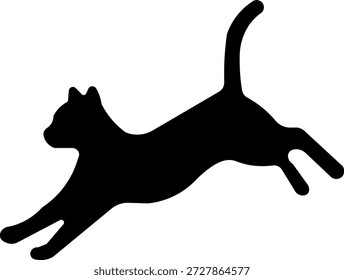 Esta imagem apresenta uma silhueta preta de um gato correndo isolado em um fundo branco. O gato é retratado a meio-passo, com a cauda e as pernas estendidas, criando uma pose dinâmica e elegante. O forte contraste entre a silhueta preta e o fundo branco faz do gato o ponto focal da imagem. Ideal para projetos de design e gráficos.