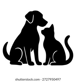 Esta Imagen presenta una silueta negra de un perro y un gato sentados uno al lado del otro. El perro está posicionado a la izquierda, con la cabeza ligeramente inclinada hacia abajo, mientras que el gato está a la derecha, mirando al perro. Los dos animales parecen estar en una interacción amistosa y pacífica, simbolizando la armonía entre diferentes especies.