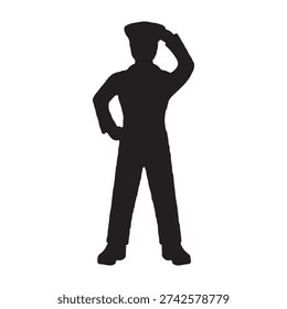 This image features a black silhouette of a person standing against a plain white background. The figure wears a uniform with a peaked cap and performs a salute, raising their right hand to their forehead. The left hand rests on the hip. The posture and attire suggest a person in service, such as a police officer or a sailor.
