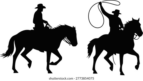 This image features a black silhouette of cowboys on horseback practicing roping, a distinctive western style illustration.