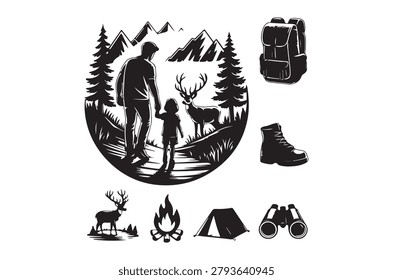 This image features a black silhouette illustration of a forest scene with people, deer, and camping equipment. It has a