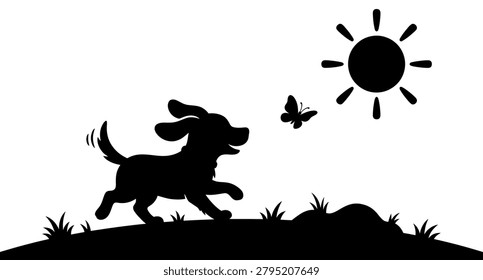 This image features a black silhouette of a puppy running in a field with a butterfly and sun, set against a clean white background. It is a vector illustration.