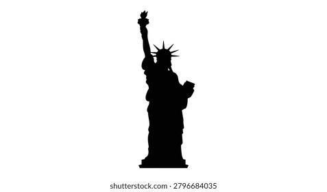 This image features a black silhouette of the statue of liberty a well-known monument set against a plain white background. The silhouette style emphasizes the form and outline of the