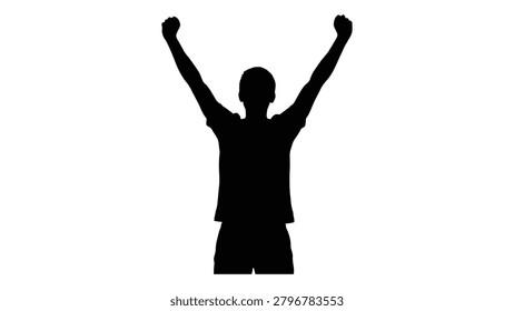 This image features a black silhouette of a person standing with both arms raised set against a plain white background.