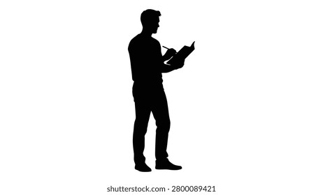 This image features a black silhouette of a man writing on a clipboard with a pen set against a white