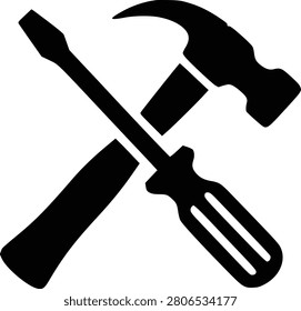 This image features a black silhouette of a hammer crossed with a flathead screwdriver against a white background. The graphic is a simple isolated icon depicting common hand tools used in construction and repair.