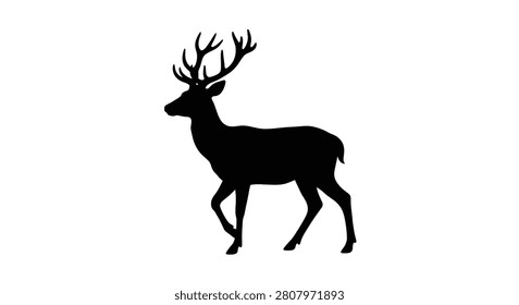 This image features a black silhouette of a stag in profile with prominent antlers. The silhouette style emphasizes the animal’s form against a white background creating a stark contrast.