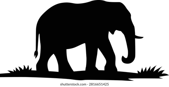 This image features a black silhouette of an elephant standing in grass. It is a graphic illustration with a transparent