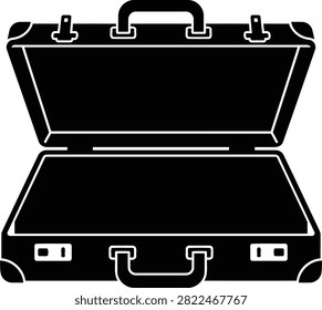 This image features a black silhouette of an open suitcase, a common travel accessory, presented against a clean white background.