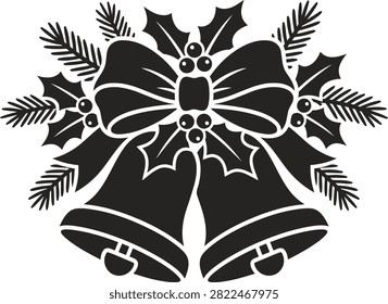 This image features a black silhouette of christmas bells and a holly wreath with a bow, perfect for seasonal decorations and holiday graphics.