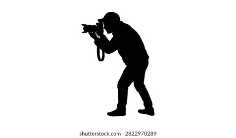 This image features a black silhouette of a photographer holding a camera presented against a white background. The silhouette style