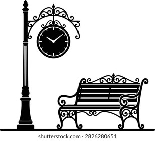 This image features a black silhouette of a street lamp with a clock, a park bench, and ornate details against a white background.