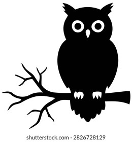 This image features a black silhouette of an owl perched on a branch, set against a clean white background, ideal for representing nocturnal wildlife or autumn themed designs.