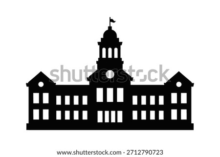 This image features a black silhouette of a grand building, characterized by a prominent central tower topped with a flag. The structure has a symmetrical facade with multiple windows and architectural details suggesting a historical or civic institution like a courthouse or town hall. The silhouette style emphasizes its form and architectural features against a white background.
