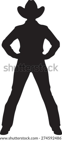 This image features a black silhouette of a cowboy standing in a relaxed yet assertive pose with hands on hips. The figure is wearing a cowboy hat, a long-sleeved shirt, and trousers, giving it a classic western look. The simplicity of the silhouette emphasizes the iconic cowboy stance and attire.