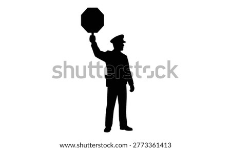 This image features a black silhouette of a police officer directing traffic with a stop sign, set against a clean