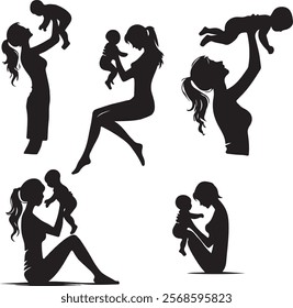 This image features black silhouettes of mothers interacting with their children in various poses. The designs highlight tender and loving moments, such as mothers holding, lifting, or cuddling their 