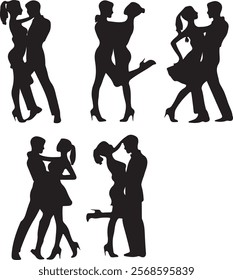 This image features black silhouettes of couple dancing in various poses. The designs highlight tender and loving moments.