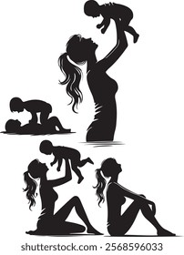 This image features black silhouettes of mothers interacting with their children in various poses. The designs highlight tender and loving moments, such as mothers holding, lifting, or cuddling their 