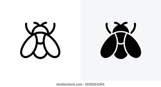 This image features a black vector line icon showing a fly presented in two distinct variations against a clean white background, offering versatile design options.