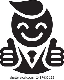  This image features a black and white icon of a smiling character giving two thumbs up.