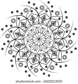 This image features a black and white mandala design with a dynamic swirling pattern at its core, surrounded by geometric shapes and floral-like elements. The design is characterized by its intricate 