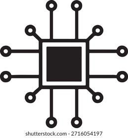Esta Imagen presenta un ícono en blanco y negro de un microchip o CPU. Representa procesamiento central, conectividad de circuitos, inteligencia artificial y tecnología de computación digital.