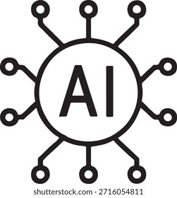 
Esta Imagen presenta un ícono de IA en blanco y negro. Representa un círculo central que contiene las letras "AI", rodeadas de nodos similares a circuitos para representar la inteligencia artificial y las redes neuronales.