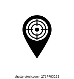 Esta Imagen presenta un gráfico en blanco y negro de un marcador de mapa con un símbolo de destino en su centro. El marcador del mapa apunta hacia abajo, indicando una ubicación específica, mientras que el símbolo del objetivo sugiere precisión o enfoque en esa ubicación. El diseño es simple y utiliza líneas limpias, lo que lo hace adecuado para diversas aplicaciones como la navegación, el mapeo o la orientación.